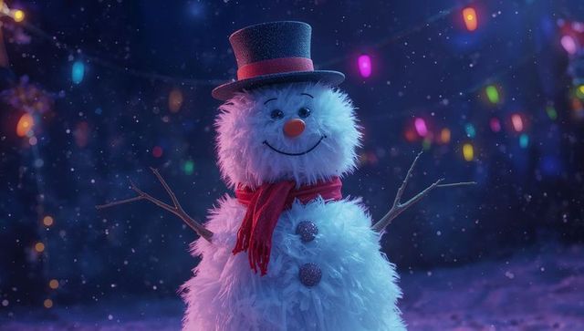 Festive Snowman in Backyard with Twinkling Multicolored Lights