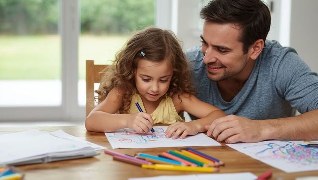 Father Guiding Daughter in Creative Drawing Activity at Home
