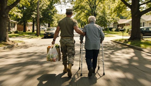 Veteran walking with elder using walker while carrying groceries on sunny suburban street