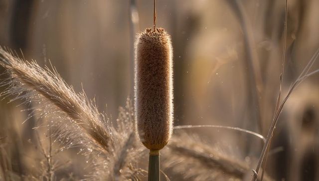 Glowing backlit cattail emitting fine fibers and dew in golden wetland macro