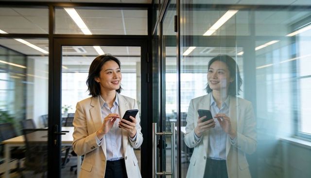Asian businesswoman smiling while checking smartphone near glass office door