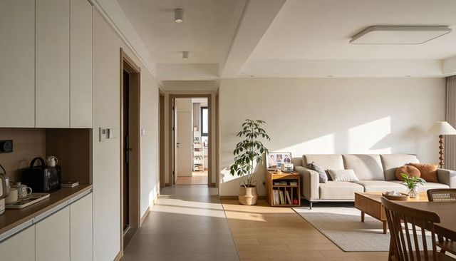 Sunlight-filled minimalist open-plan living room featuring neutral sofa and wood accents