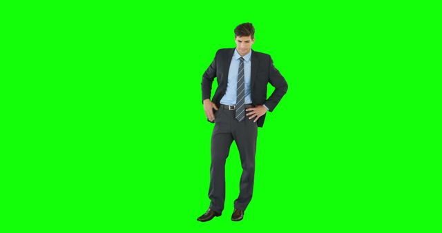 A young Caucasian businessman stands with his hands on his hips against a green screen background, with copy space. His confident posture suggests readiness for a professional challenge or presentation.