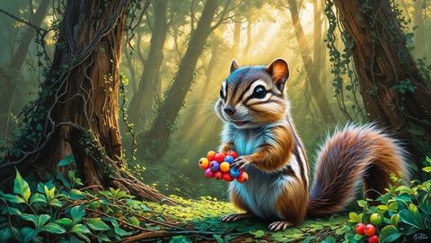 Striped chipmunk holding berries in lush forest scene