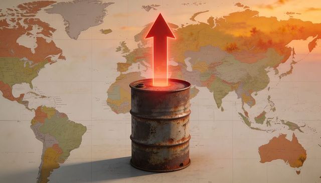 Rusty oil barrel emitting glowing upward arrow over world map energy price rise concept