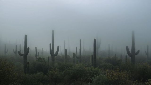 Towering saguaro cacti rising through morning fog over desert scrub