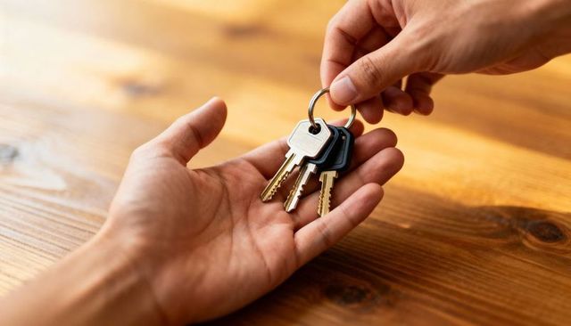 Handing over house keys on wooden table close-up showing key exchange moment