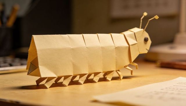 Handmade origami segmented centipede sculpture on wooden desk with warm lighting