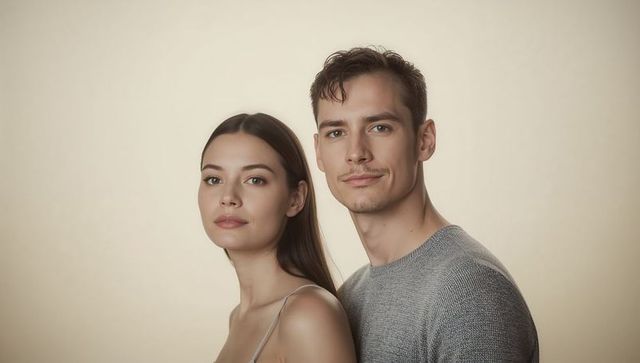 Facing camera posing couple minimalist neutral portrait wearing beige strap top grey knit sweater