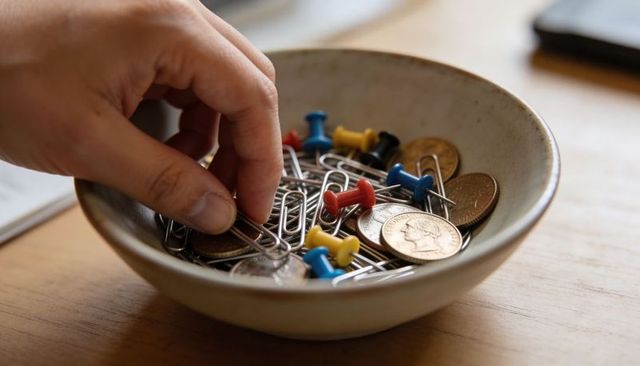 Left hand reaching for coins and paperclips in ceramic bowl on wooden desk