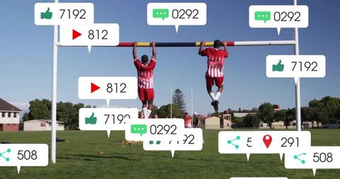 Soccer Players Pulling Up on Bar with Social Media Popup Icons