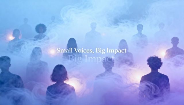 Standing choir silhouettes in atmospheric fog holding lanterns small voices, big impact