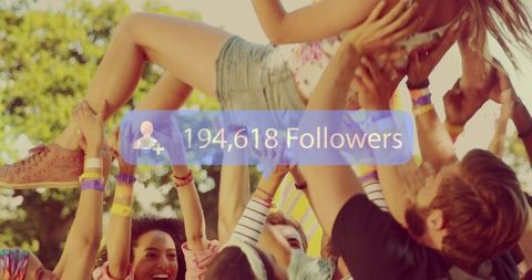 Celebratory crowdsurfing highlighting social media growth