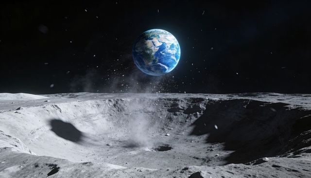 Earth rising over lunar impact crater emitting dust plume, moon regolith and ejecta, deep shadows