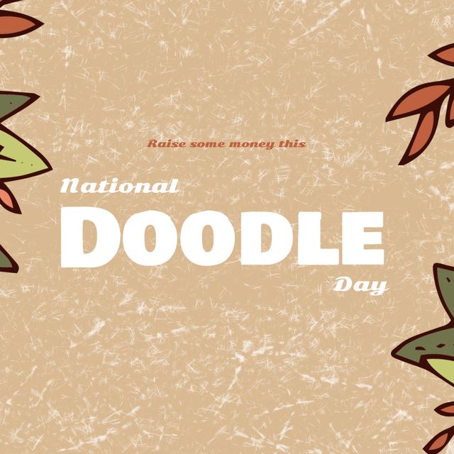 Illustration promoting National Doodle Day with leaf design and peach-colored background. Use for advertising fundraising events, enhancing social media posts, or creating promotional materials aimed at generating awareness for art-inspired charitable causes.