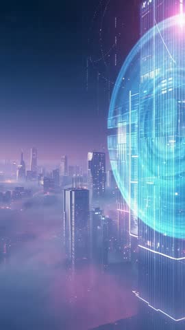 Vertical video of neon hologram sphere forming on skyscraper with cyberpunk metropolis fog