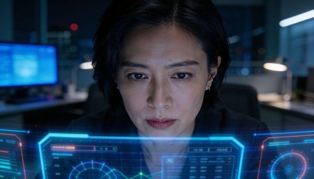 Asian tech analyst studying holographic data dashboards at night in modern office focused
