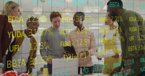 Diverse Team Brainstorming Ideas with Digital Data on Glass Panel