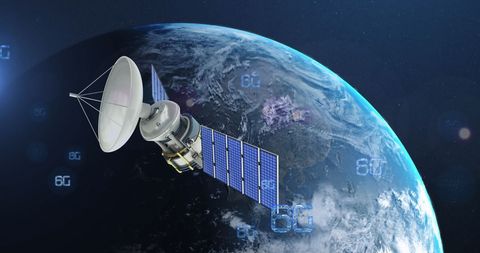Satellite orbiting earth with 6g network text concept