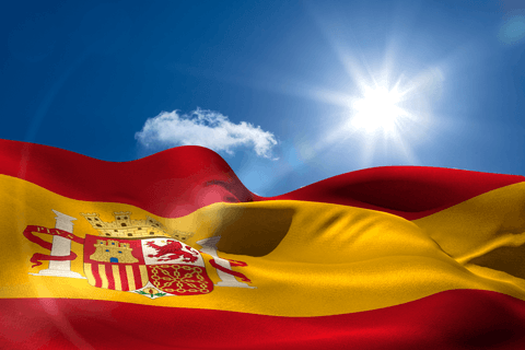 Spanish Flag Waving on Bright Sunny Sky in Transparent Background