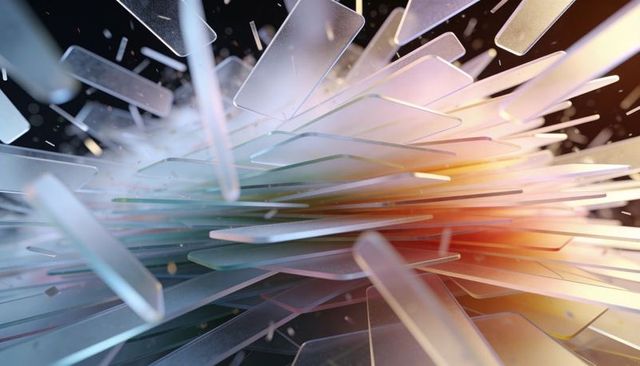 Swirling translucent glass panels forming luminous prism burst with colorful glow