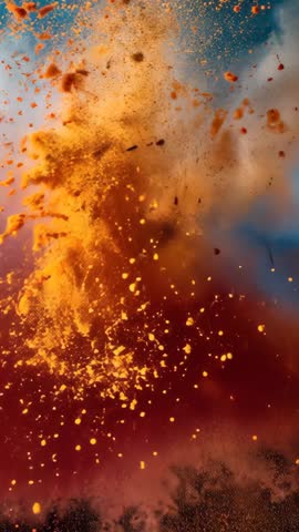 Vertical Video: Bright Orange Powder Erupting and Swirling Over Ground in Abstract Explosion