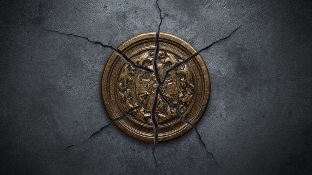 Ornate gold medallion with radiating stone cracks