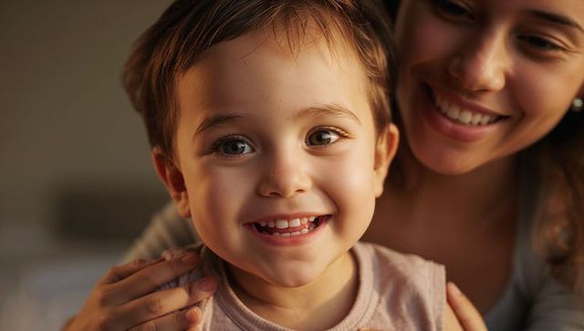 Smiling child leaning into mother with hands on shoulders warm soft light closeup