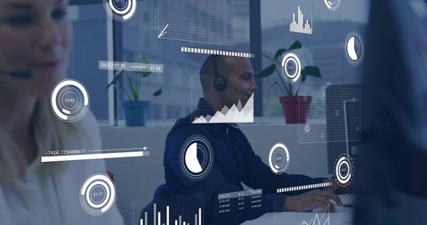Customer Support Agent Typing with Augmented Analytics Overlay, Office Data Visualization