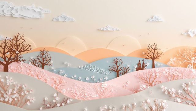 Showing pastel papercut layered hills on gallery wall with blossoming trees and miniature castle