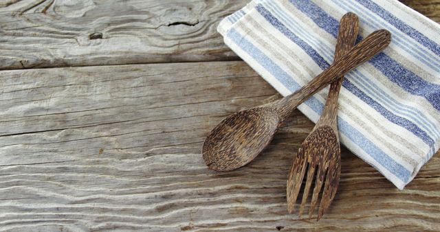 Rustic Wooden Spoon and Fork Set on Wooden Plank Table - Download Free Stock Images Pikwizard.com