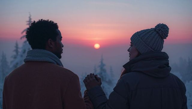 Romantic Couple Enjoying Sunset on Snowy Winter Evening