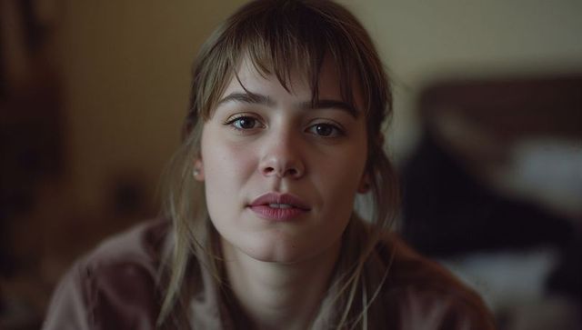 Serene woman in bedroom wearing stud earrings