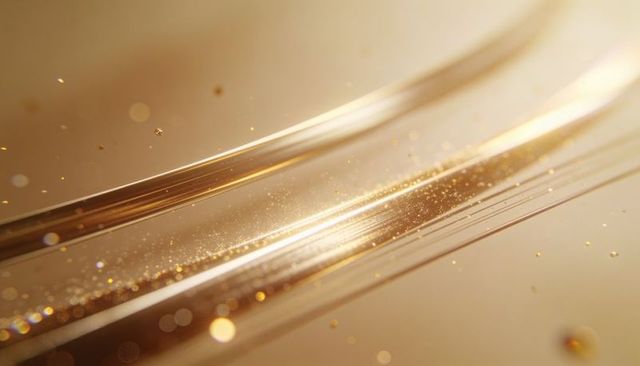 Shimmering golden streaks sweeping glossy surface, glittering bokeh and warm amber glow