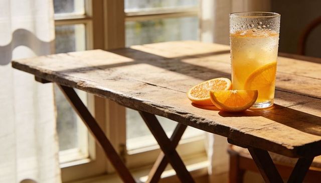 Sunlit rustic wooden table featuring cold orange drink, fresh orange slices, condensation