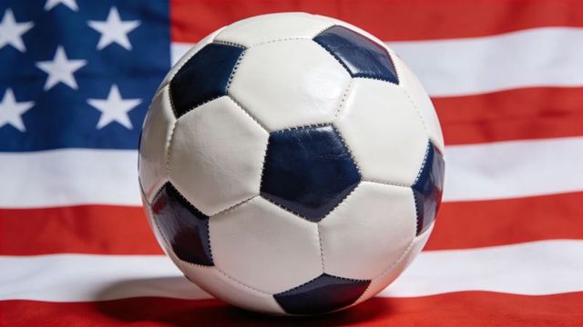 Soccer ball centered on united states flag showing patriotism and american soccer spirit