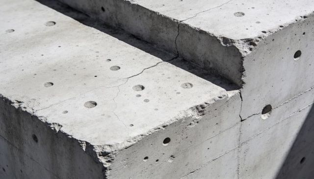 Sunlit Concrete Slab Featuring Form-Tie Holes, Cracks and Chipped Edges, Industrial Texture
