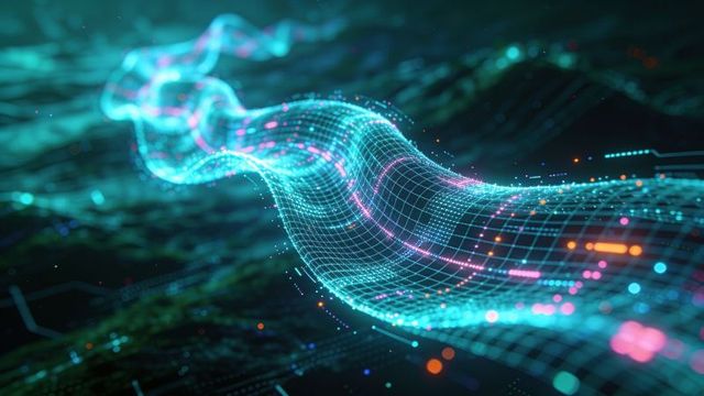 Neon wireframe wave flowing through holographic data grid with glowing nodes and particles