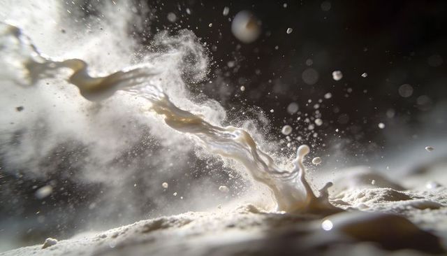 Cream liquid plume twisting with crown splash and fine particles macro motion