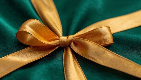 Gold satin bow glinting on emerald velvet fabric luxury gift ribbon closeup texture