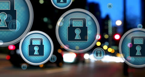 Digital Security Concept with Padlocks Over Urban Traffic