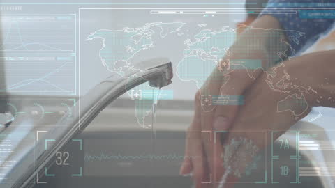 2 Futuristic Hand Washing with Global Data Overlay Animation, Covid-19 Theme