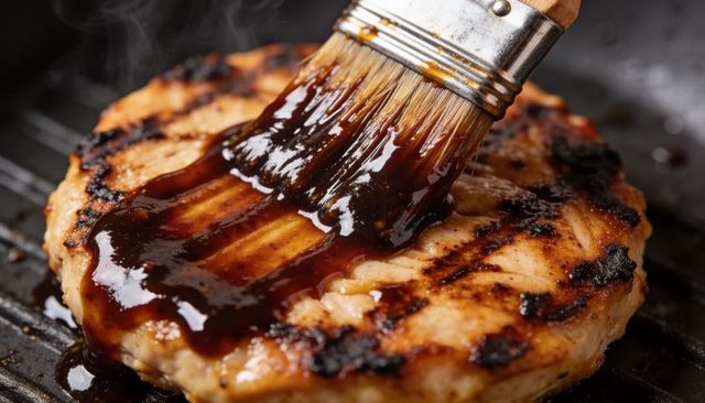 Basting grilled chicken patty with glossy barbecue glaze, closeup of charred grill marks