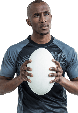 Thoughtful African American Athlete Holding Rugby Ball Transparent Background