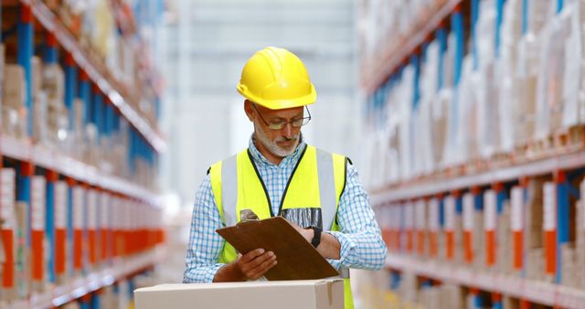 A worker in a warehouse is inspecting stock inventory while holding a clipboard. He wears a yellow hard hat and a safety vest, indicating adherence to safety protocols. The warehouse shelves are stocked with various boxes, demonstrating a strong supply chain and logistics environment. This image can be used to represent industry, logistics, supply chain management, warehouse operations, quality control and safety compliance in industrial environments.