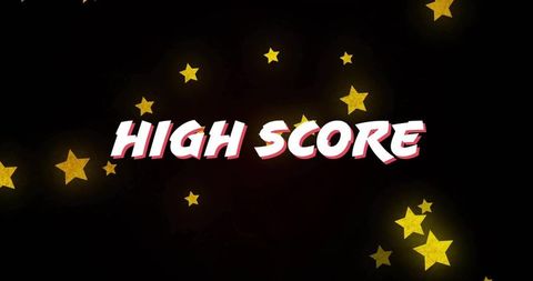 High Score Neon Text with Glowing Gold Stars on Dark Arcade Screen for Game Rewards