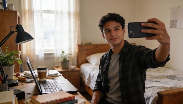 Young man taking selfie in cozy dorm bedroom with laptop, textbooks and coffee at desk