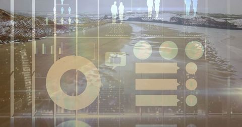 Analytics visualization overlay on frosty coastal shoreline