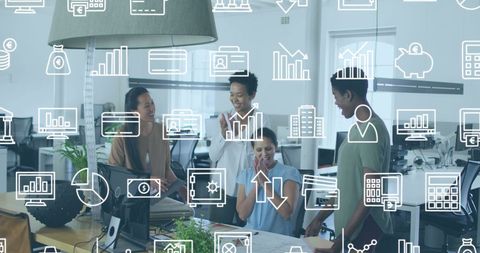 Diverse Team Collaborating in Tech-driven Office Environment