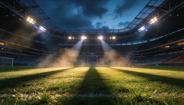 Stadium floodlights casting dramatic beams over misty soccer pitch at dusk empty arena fog